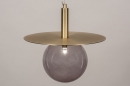 Foto 13974-2: Design hanglamp in art deco stijl met bol van rookglas en messing details
