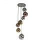Foto 15379-10: Vide hanglamp met zeven glazen bollen met organische vormen in goud, koper en chroom