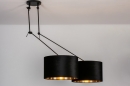 Foto 30926-1 anders: Verstelbare zwarte hanglamp met twee knikarmen en zwarte kappen met gouden binnenkant