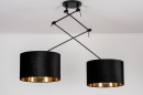Foto 30926-7 anders: Verstelbare zwarte hanglamp met twee knikarmen en zwarte kappen met gouden binnenkant