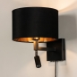 Foto 31425-4 schuinaanzicht: Luxe wandlamp met stoffen kap en extra leeslamp in zwart met goud en snoer en stekker