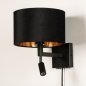 Foto 31425-6 schuinaanzicht: Luxe wandlamp met stoffen kap en extra leeslamp in zwart met goud en snoer en stekker