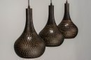 Foto 73106-5: Soft industrial hanglamp met drie metalen kappen in zwart en bruin 