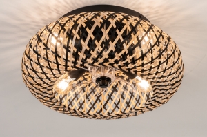 plafondlamp 15655 landelijk modern retro eigentijds klassiek hout kunststof riet zwart naturel rond